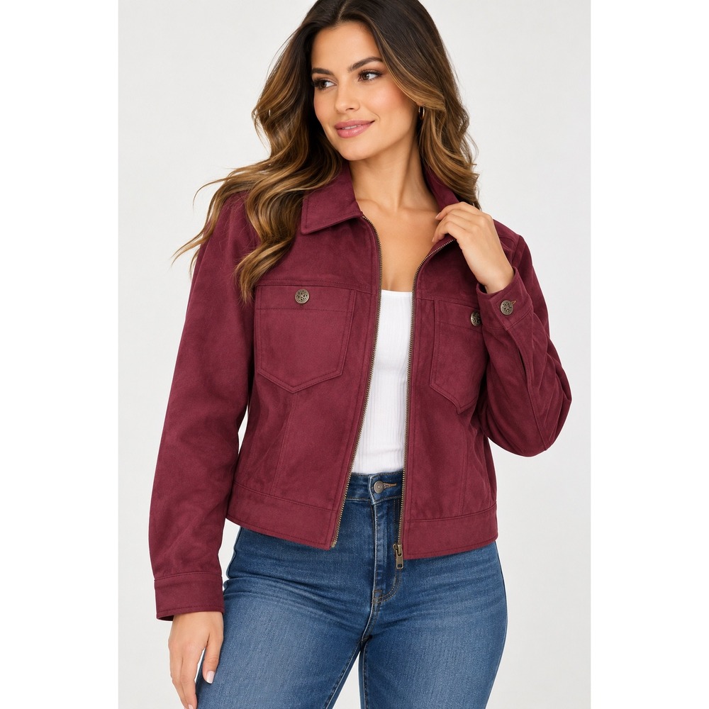 Skye's The Limit Burgundy Faux Suede Zip Front Utility Jacket Size M